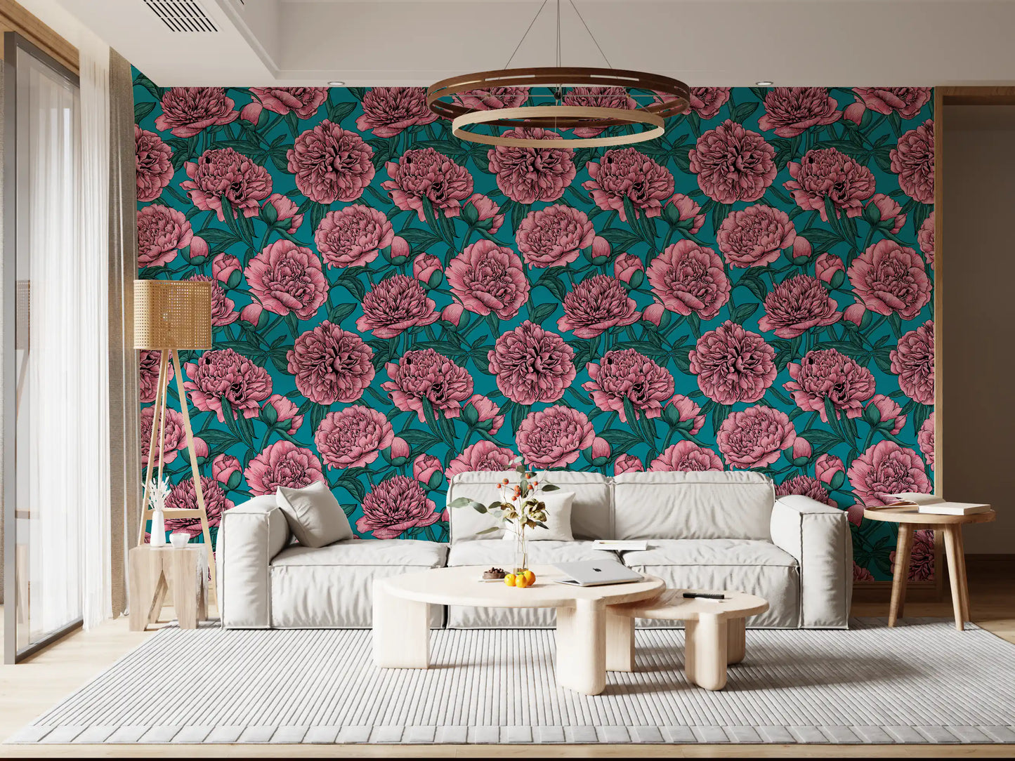Papier peint botanique romantique pivoine bleu sarcelle