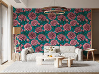 Papier peint botanique romantique pivoine bleu sarcelle