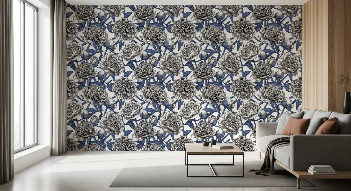 Papier peint vintage bleu et crème avec pivoines gravées