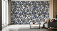 Papier peint vintage bleu et crème avec pivoines gravées