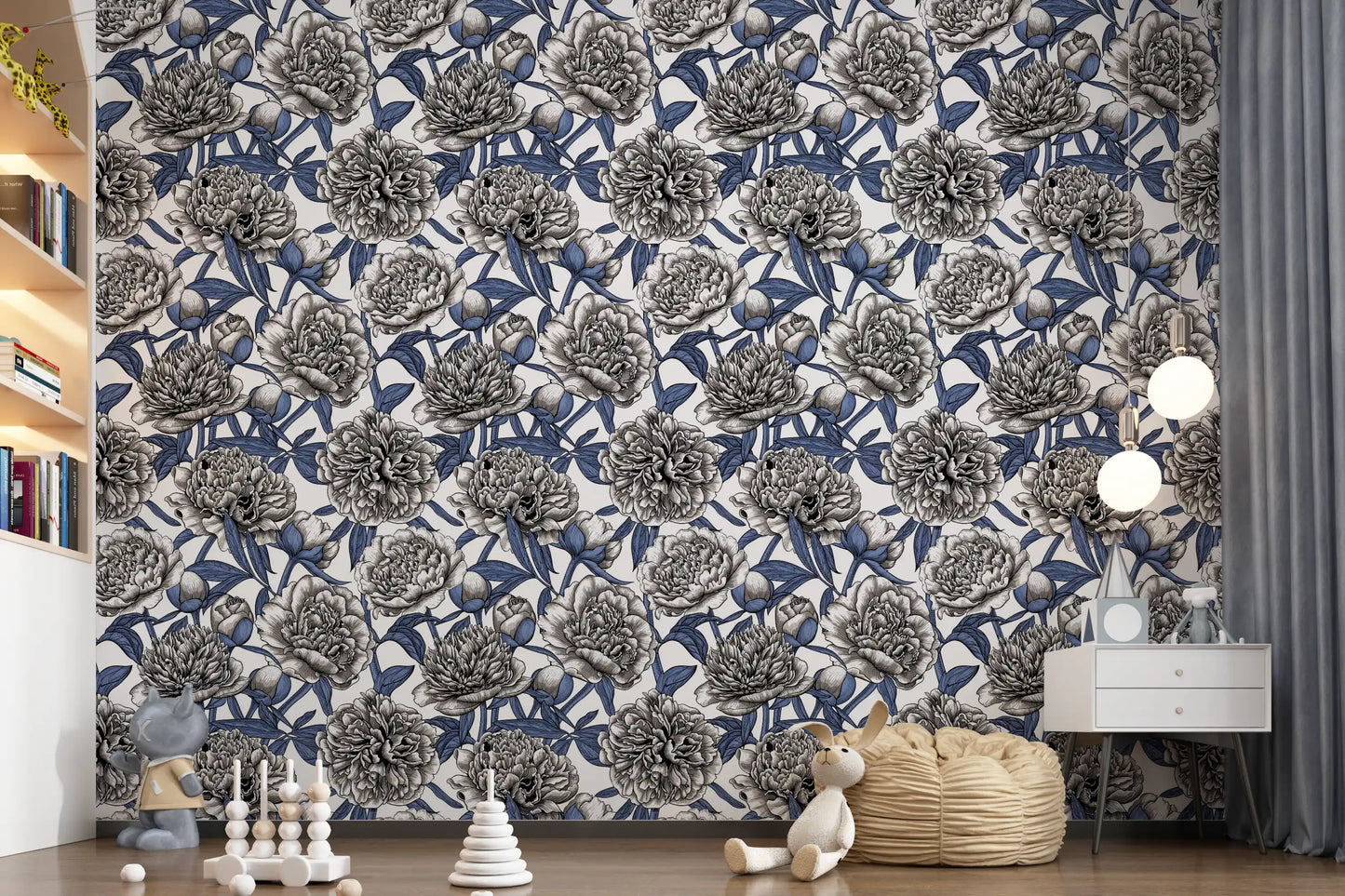 Papier peint vintage bleu et crème avec pivoines gravées