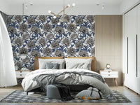 Papier peint vintage bleu et crème avec pivoines gravées