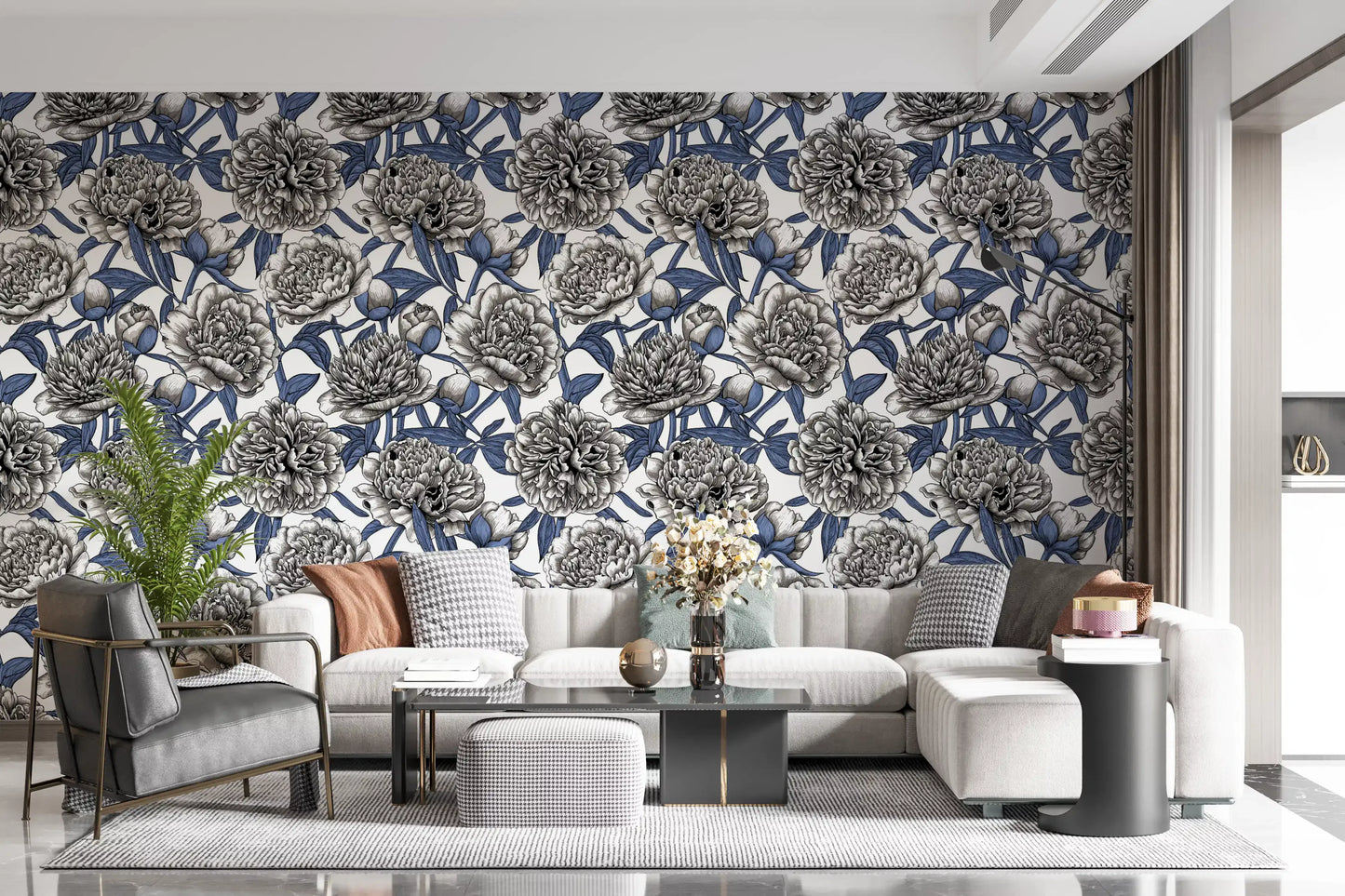 Papier peint vintage bleu et crème avec pivoines gravées