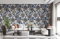 Papier peint vintage bleu et crème avec pivoines gravées