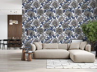 Papier peint vintage bleu et crème avec pivoines gravées