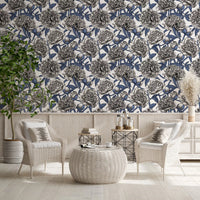 Papier peint vintage bleu et crème avec pivoines gravées