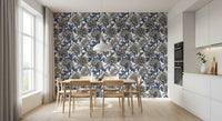 Papier peint vintage bleu et crème avec pivoines gravées