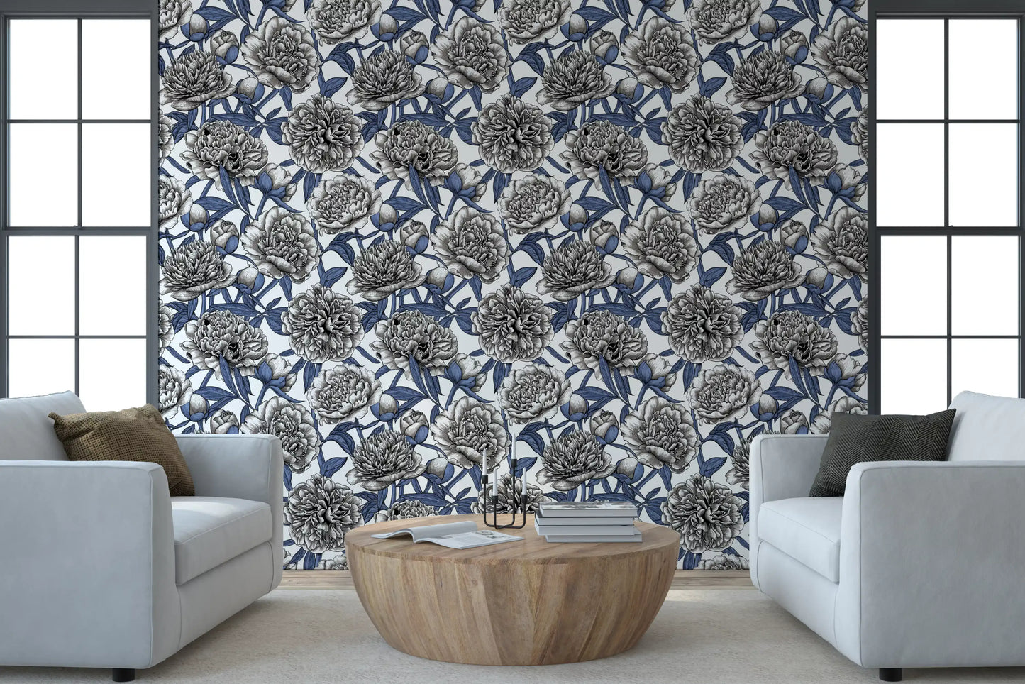 Papier peint vintage bleu et crème avec pivoines gravées