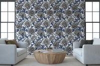 Papier peint vintage bleu et crème avec pivoines gravées