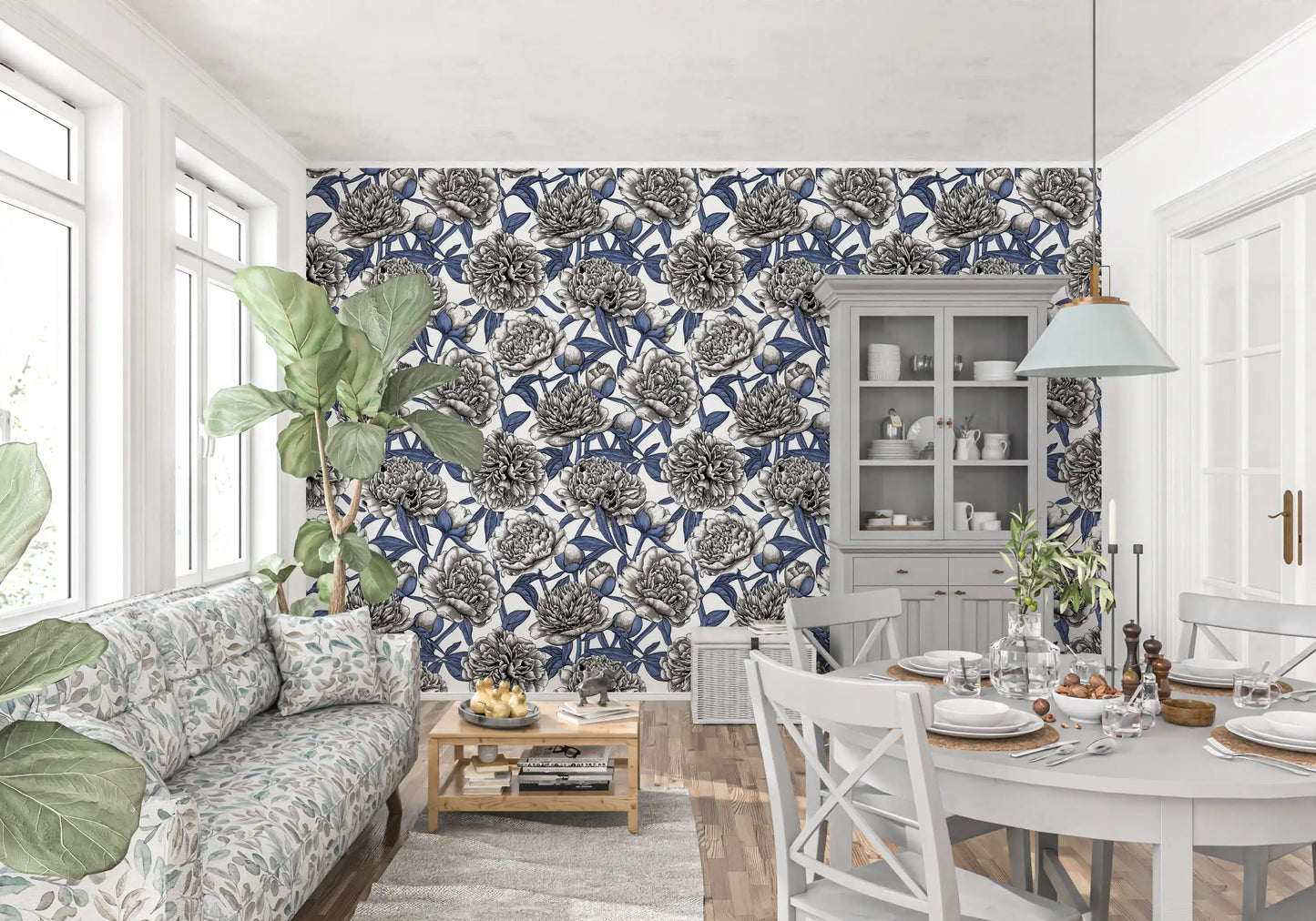 Papier peint vintage bleu et crème avec pivoines gravées