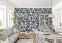 Papier peint vintage bleu et crème avec pivoines gravées