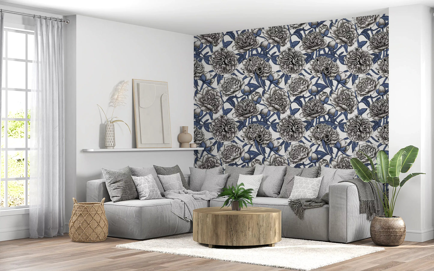 Papier peint vintage bleu et crème avec pivoines gravées