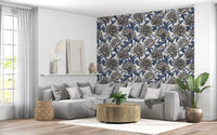 Papier peint vintage bleu et crème avec pivoines gravées
