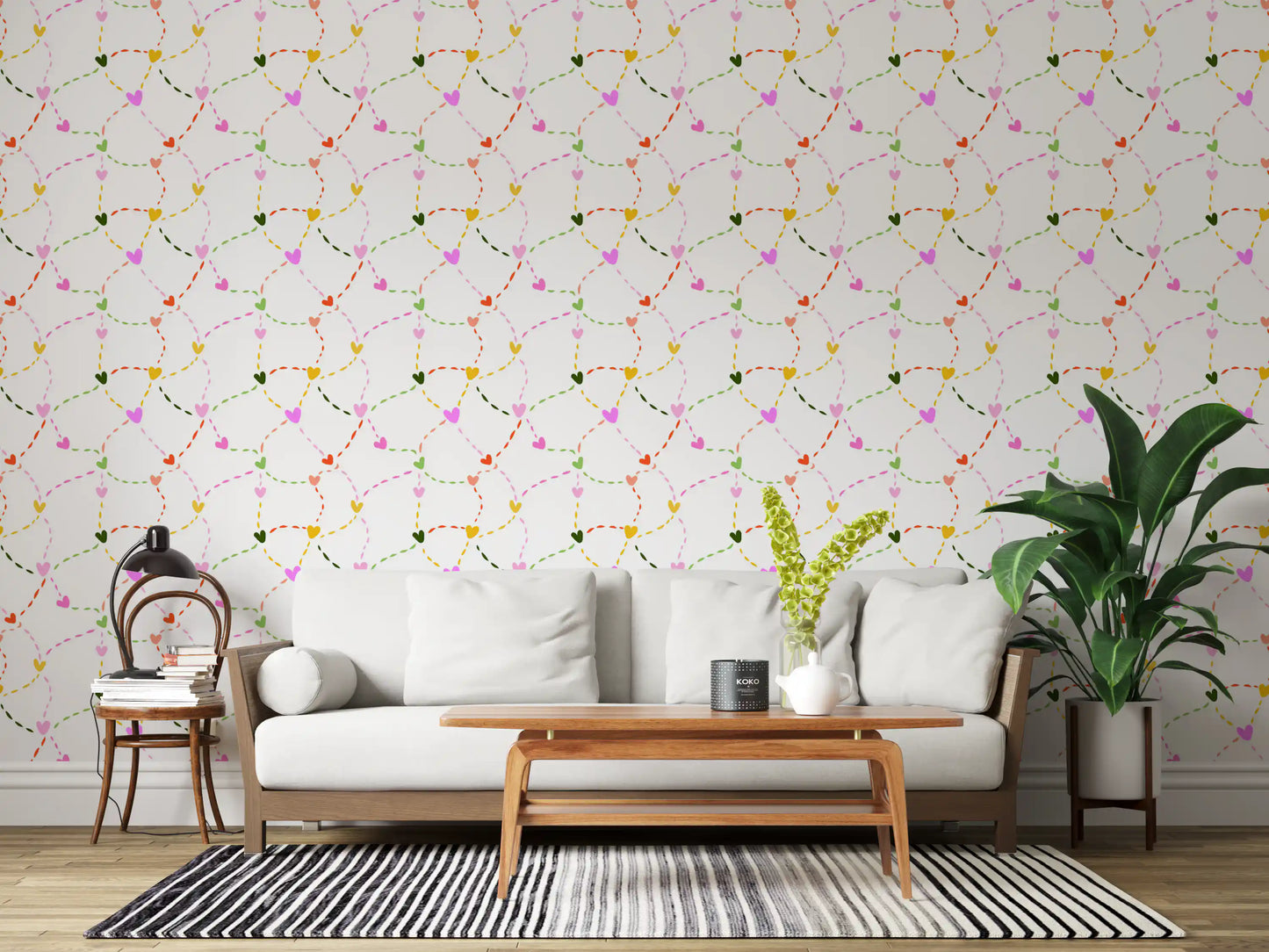Papier peint Cœurs fantaisistes et sentiers en pointillés