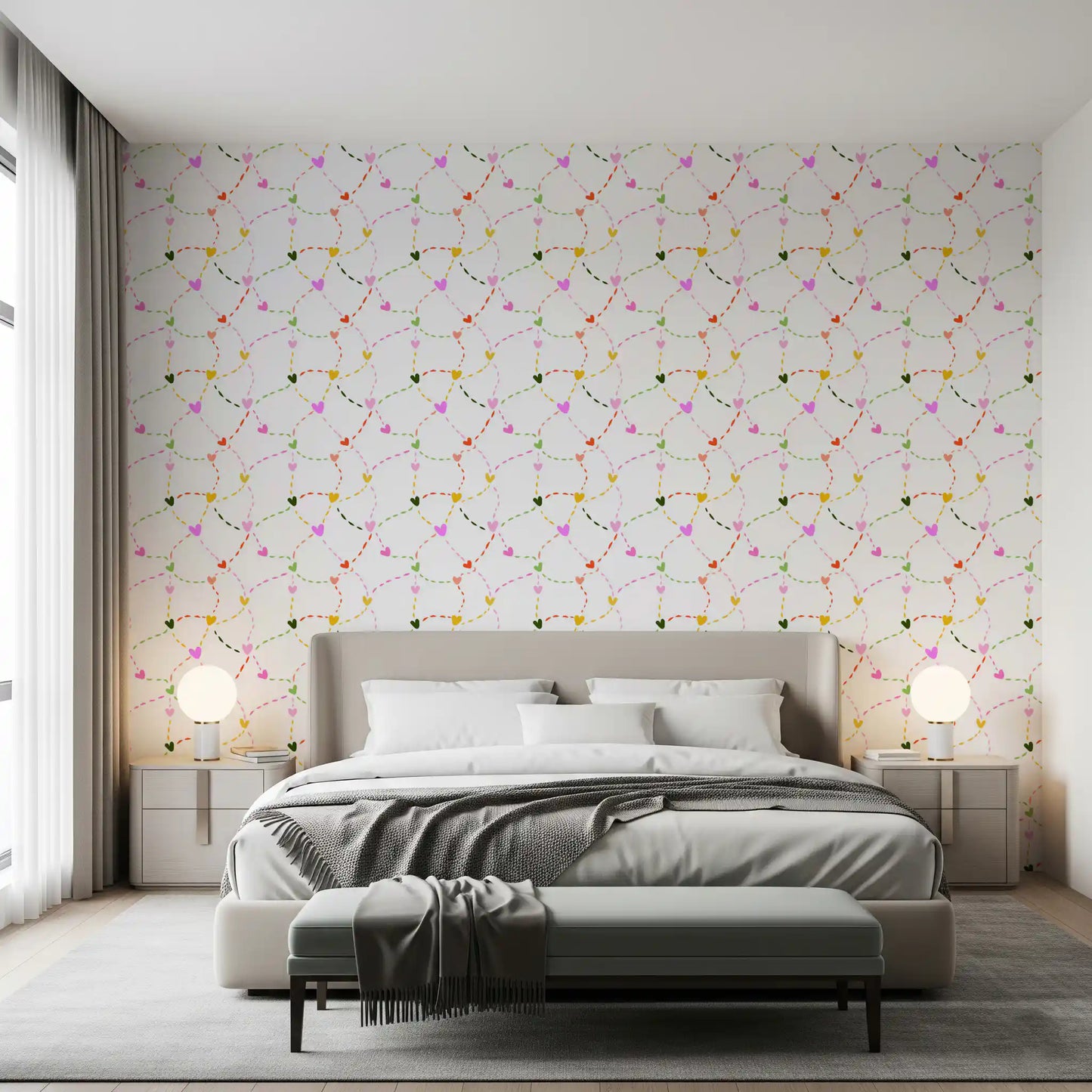 Papier peint Cœurs fantaisistes et sentiers en pointillés