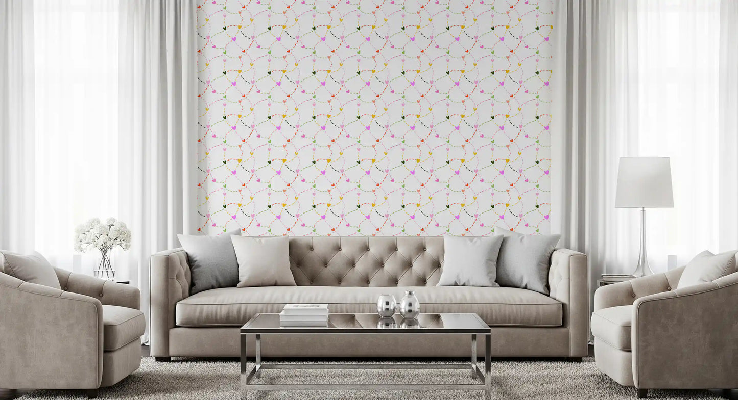 Papier peint Cœurs fantaisistes et sentiers en pointillés