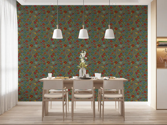 Classic Botanical Pomegranate Teal Wallpaper