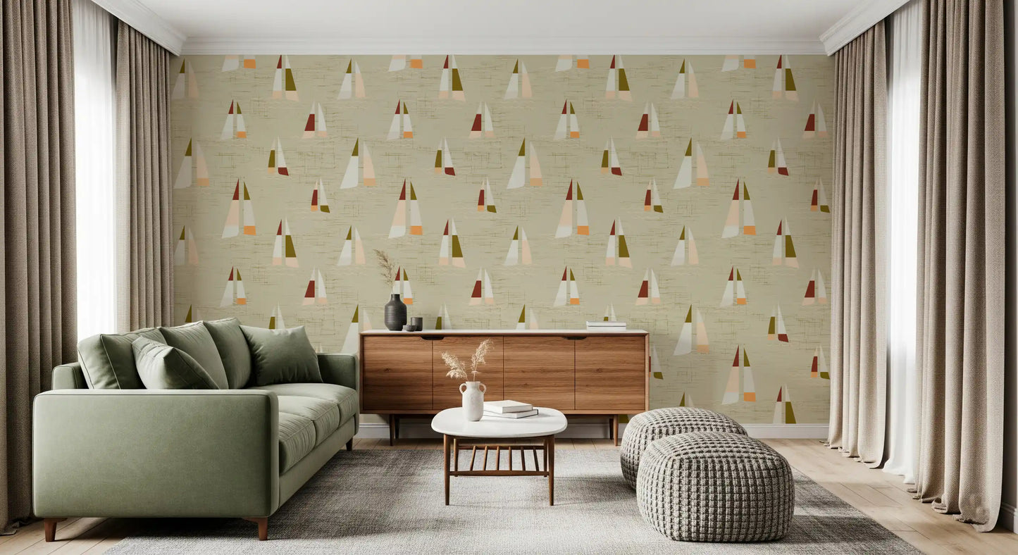 Sand Beige Mid Century Sailboats Wallpaper Wallpaper⁠
