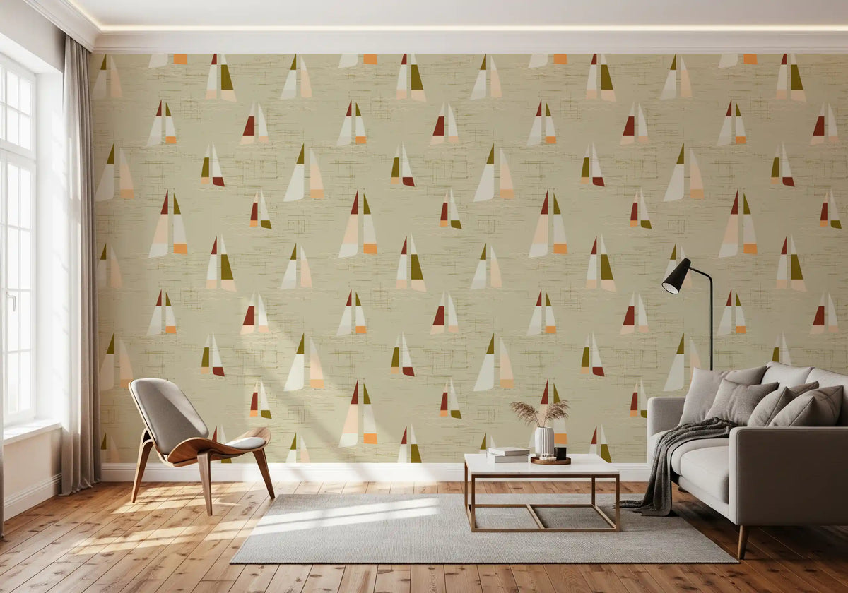 Sand Beige Mid Century Sejlskibe Tapet