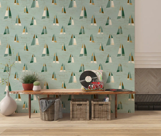 Seafoam Green Mid Century Sailboats Wallpaper