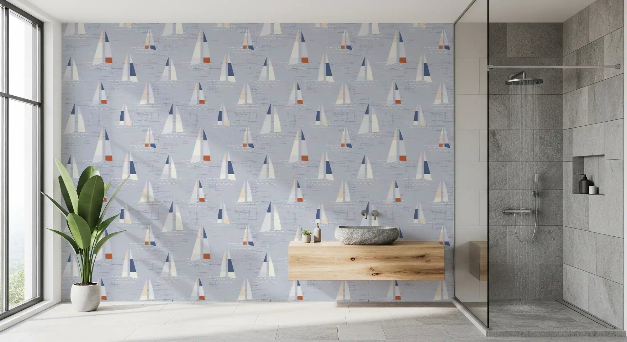 Coastal Blue Mid Century Sailboats Wallpaper