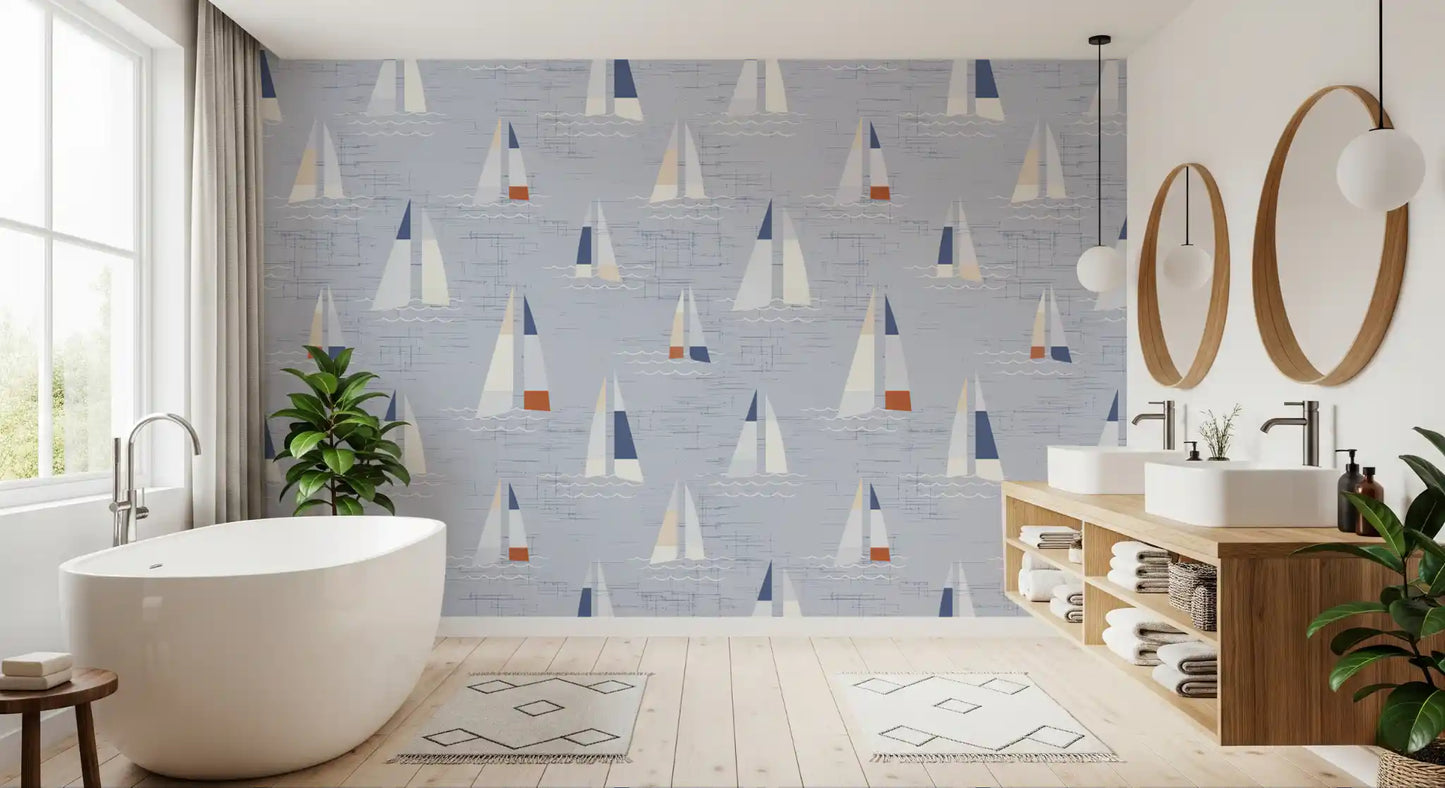 Tapeta Żaglówki w Stylu Mid Century w Kolorze Nadmorskiego Błękitu