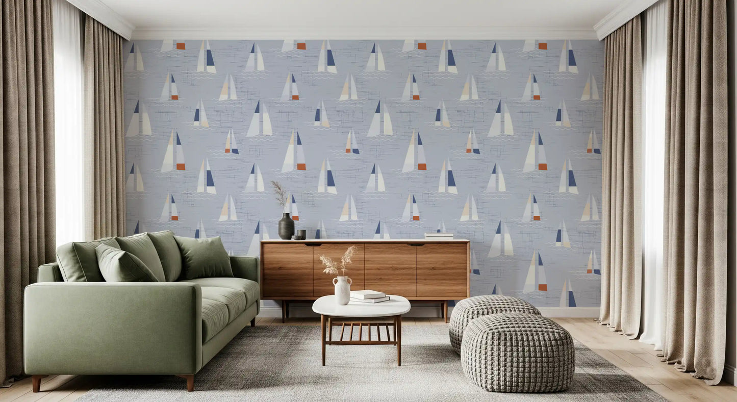 Tapeta Żaglówki w Stylu Mid Century w Kolorze Nadmorskiego Błękitu