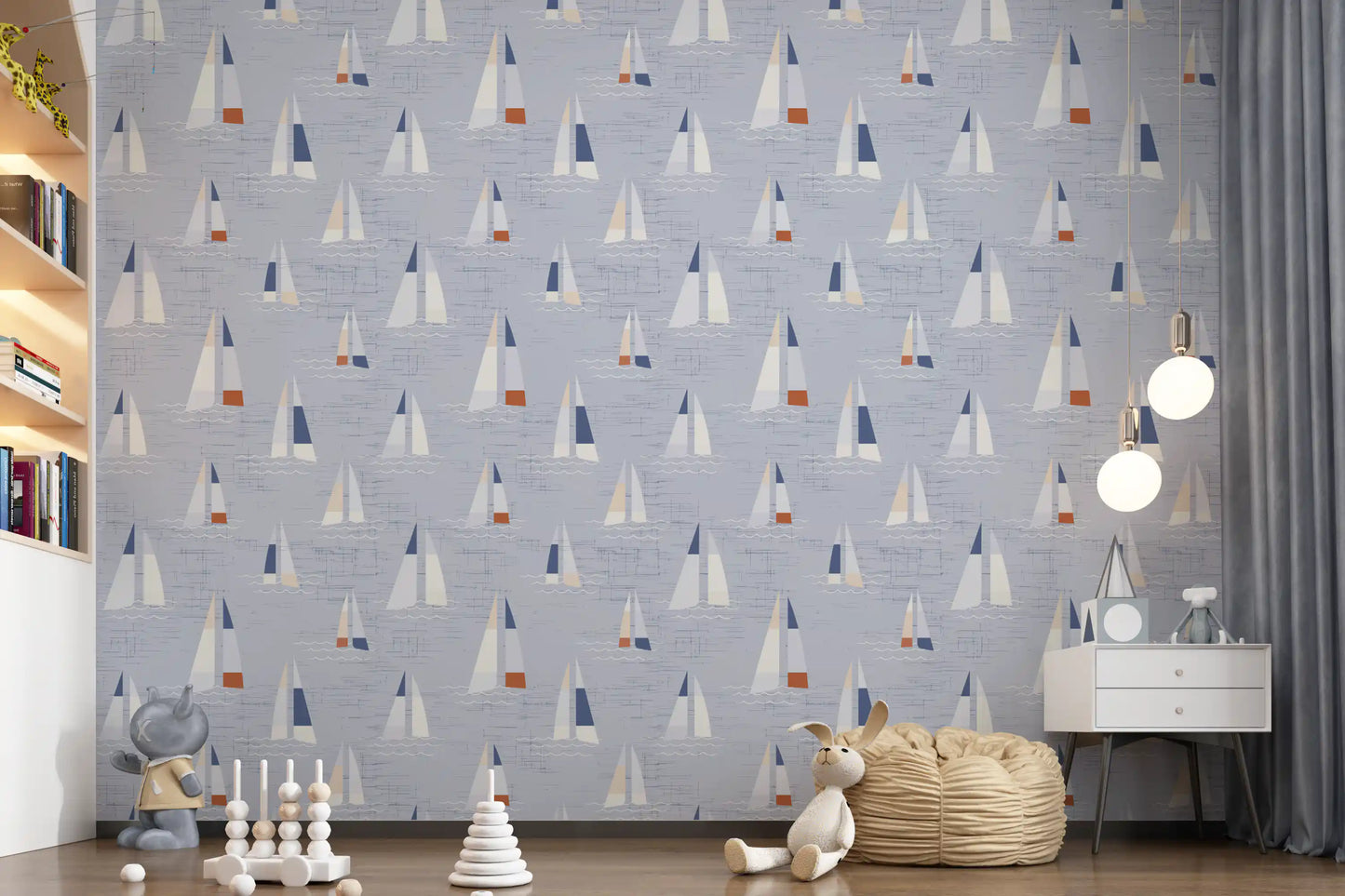 Tapeta Żaglówki w Stylu Mid Century w Kolorze Nadmorskiego Błękitu