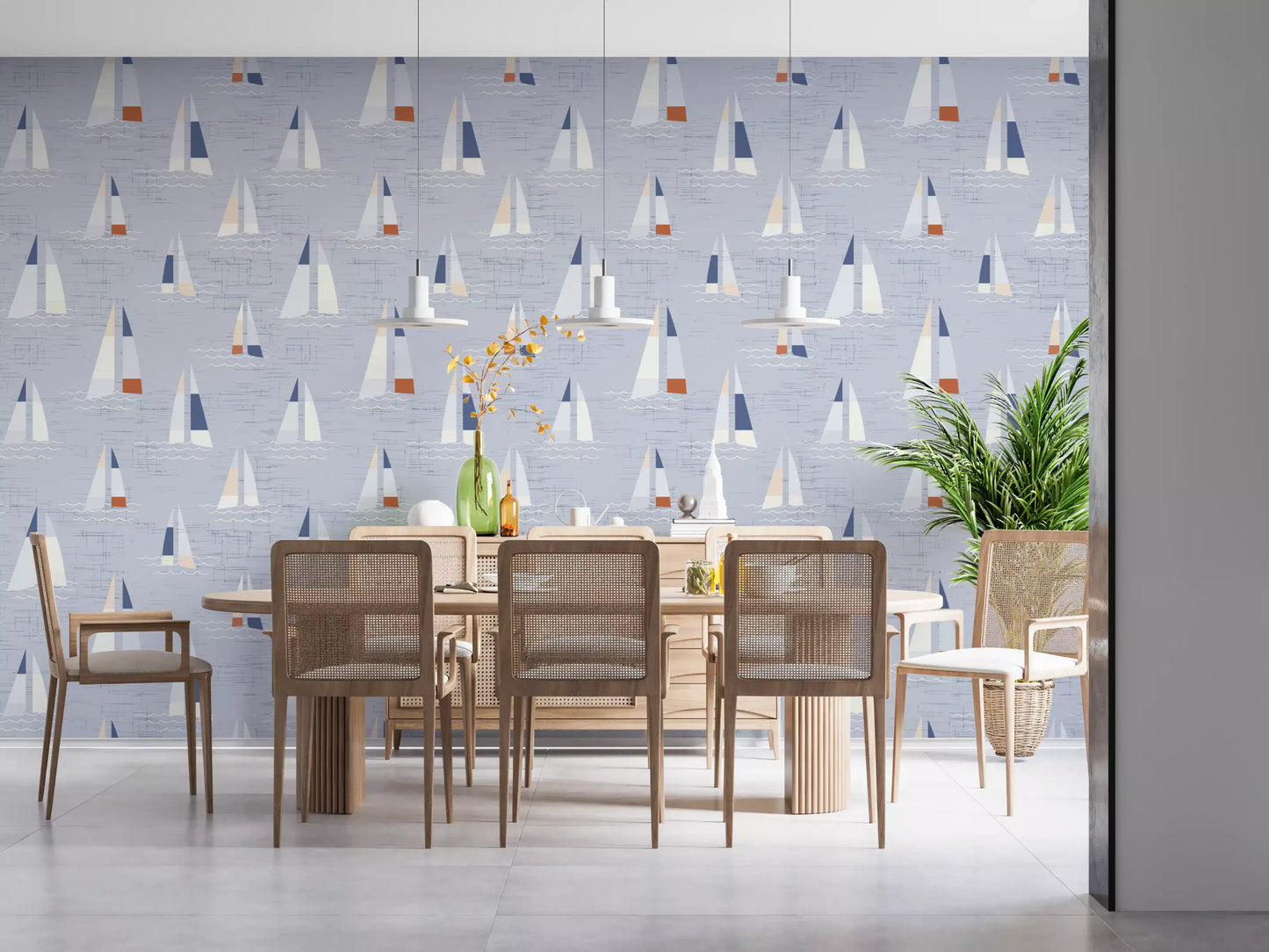 Tapeta Żaglówki w Stylu Mid Century w Kolorze Nadmorskiego Błękitu