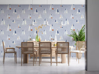 Tapeta Żaglówki w Stylu Mid Century w Kolorze Nadmorskiego Błękitu