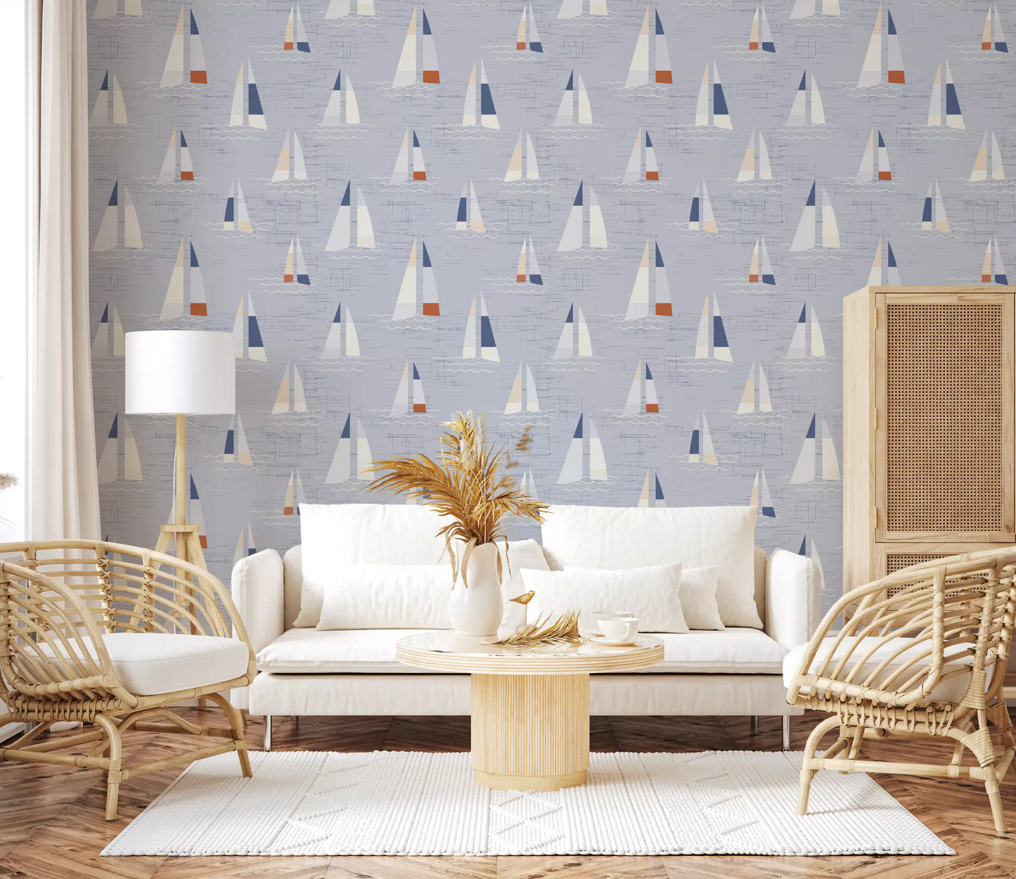 Tapeta Żaglówki w Stylu Mid Century w Kolorze Nadmorskiego Błękitu