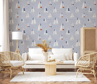 Tapeta Żaglówki w Stylu Mid Century w Kolorze Nadmorskiego Błękitu
