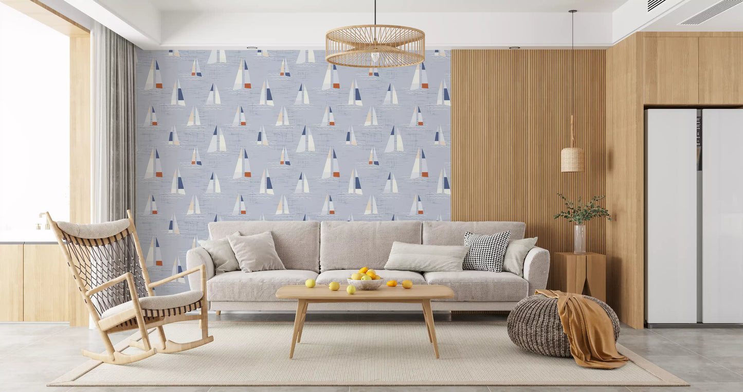 Tapeta Żaglówki w Stylu Mid Century w Kolorze Nadmorskiego Błękitu