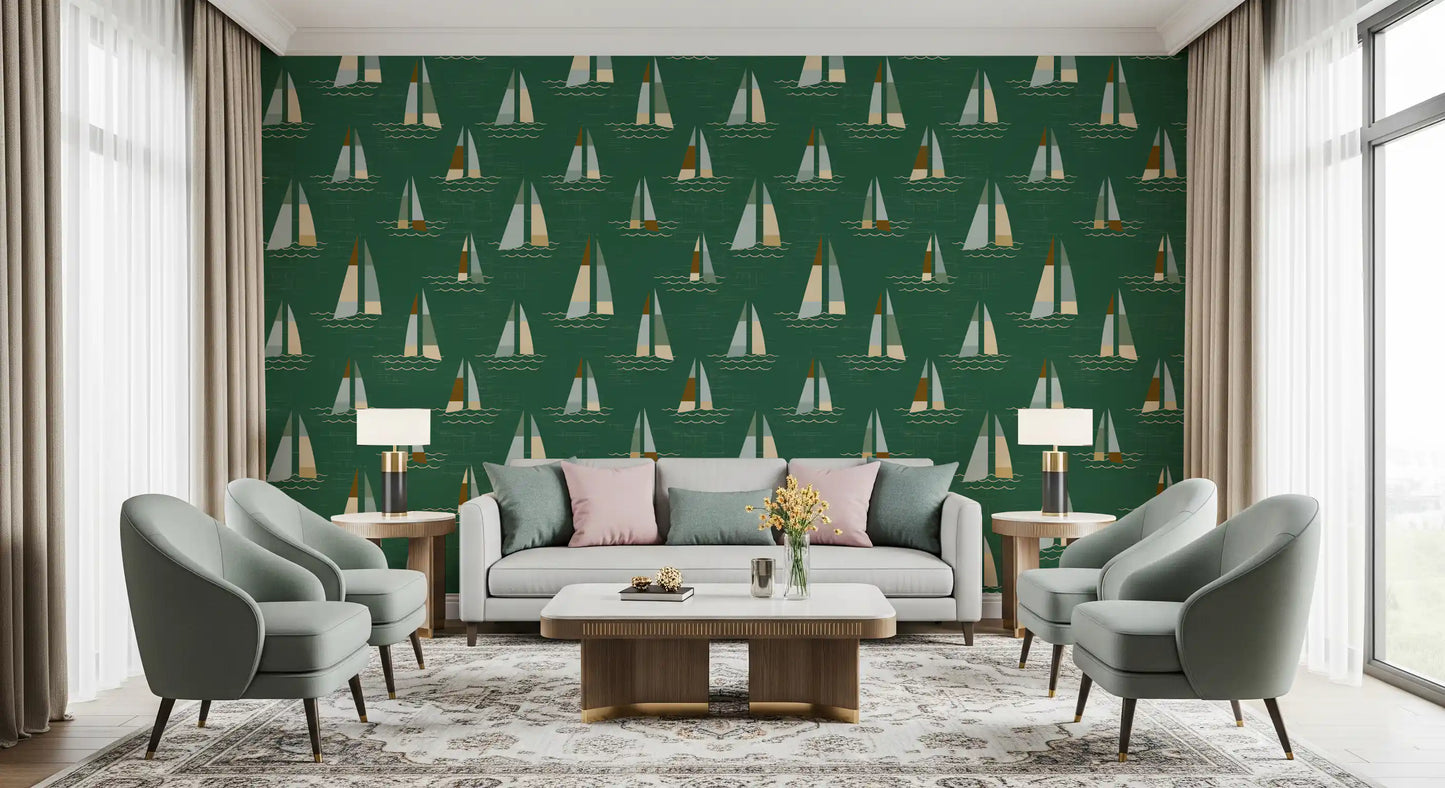 Papel pintado de veleros de mediados de siglo en verde esmeralda
