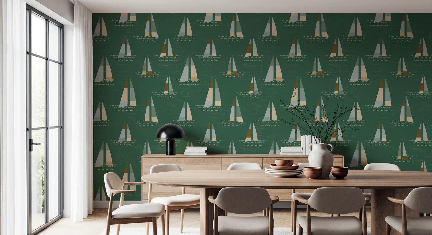 Papel pintado de veleros de mediados de siglo en verde esmeralda