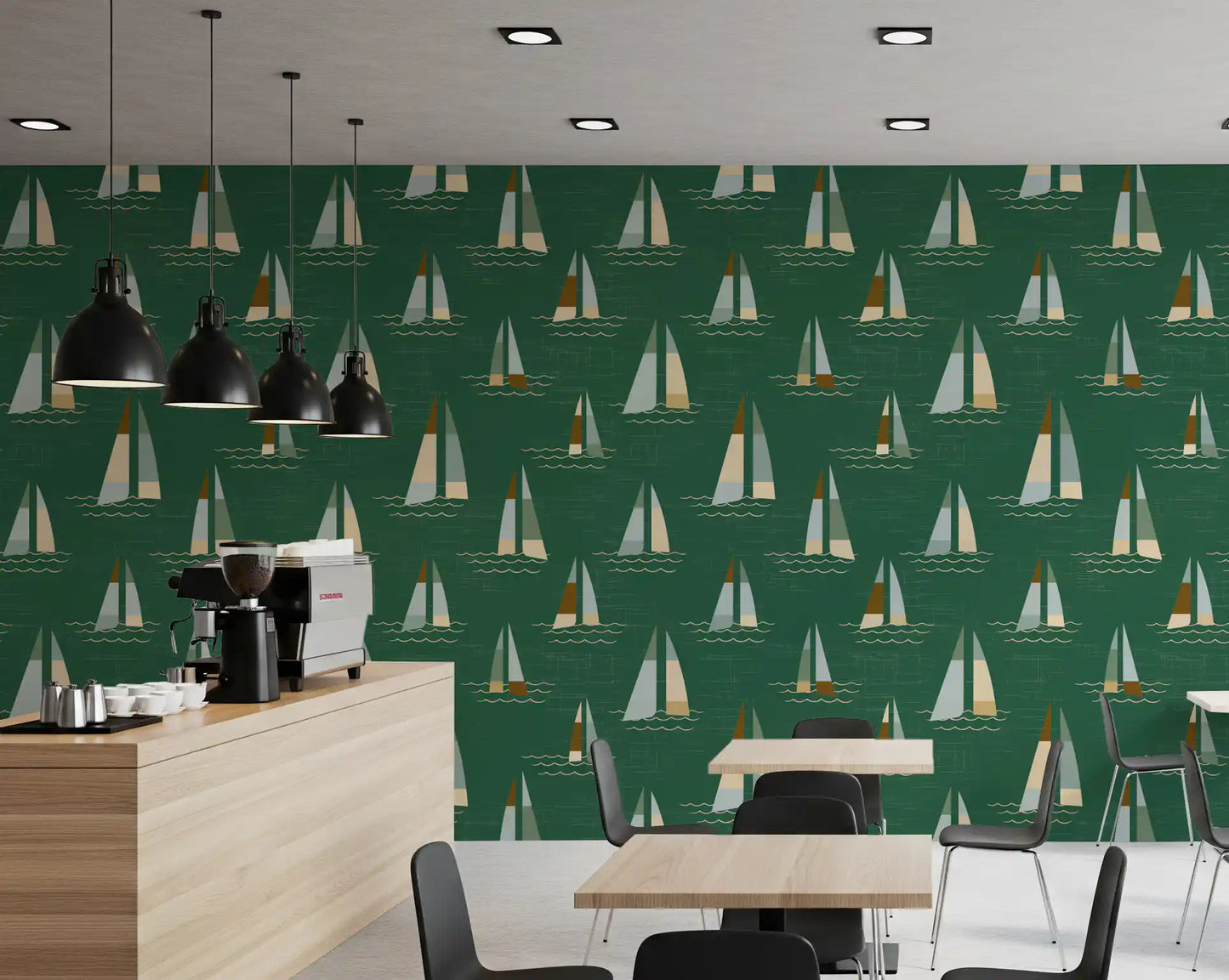 Papel pintado de veleros de mediados de siglo en verde esmeralda