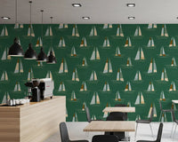 Papel pintado de veleros de mediados de siglo en verde esmeralda