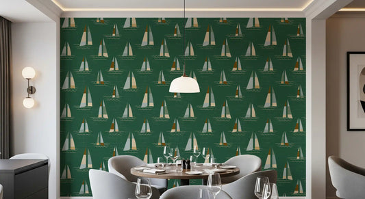 Emerald Green Mid Century Sailboats Wallpaper Wallpaper⁠
