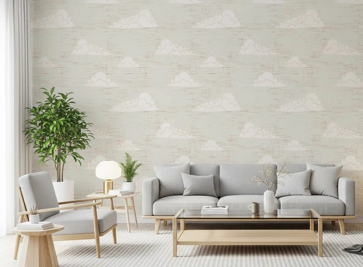 Flødefarvet Mid Century Sky med Skyer Tapet⁠
