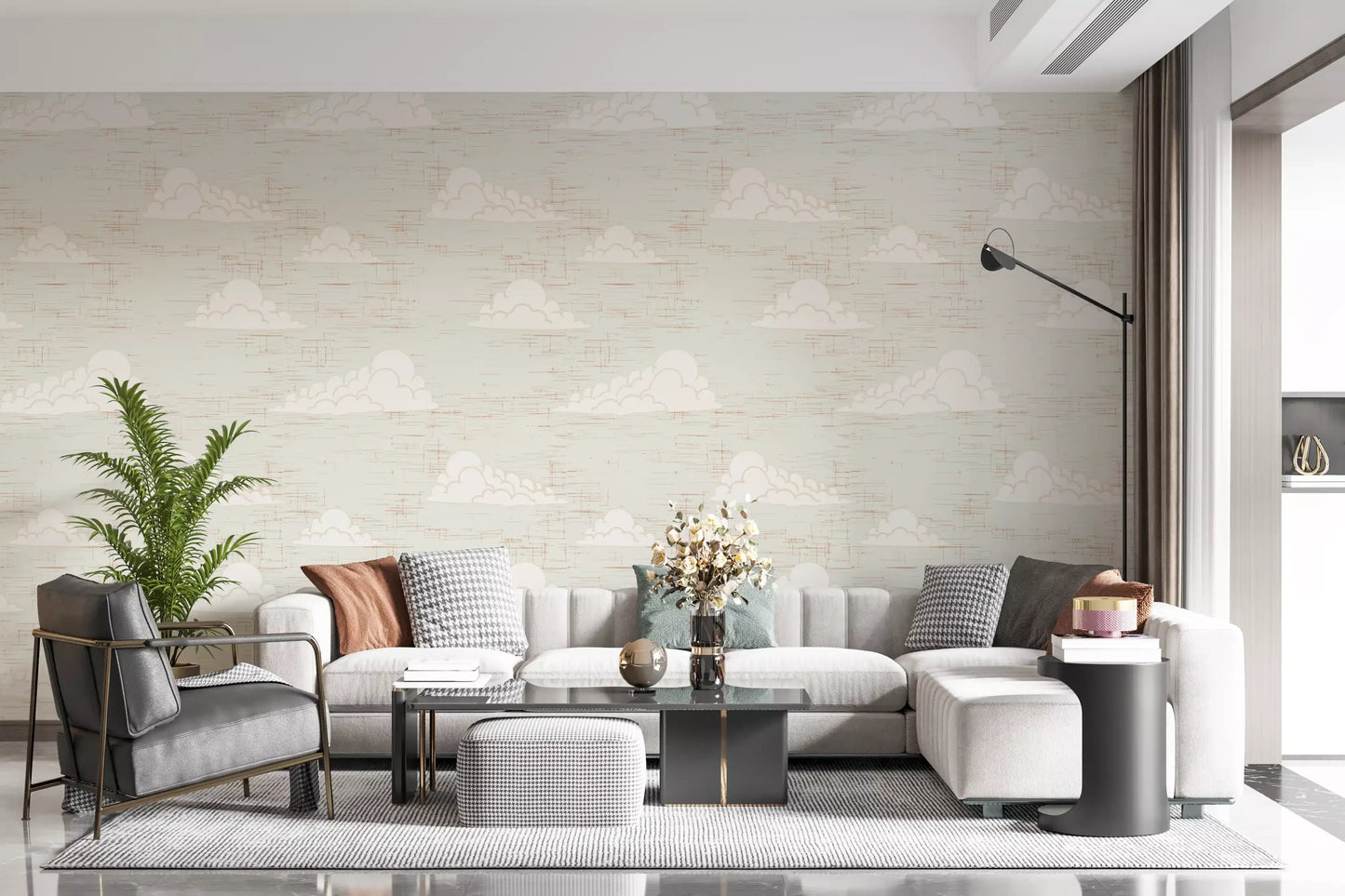Flødefarvet Mid Century Sky med Skyer Tapet⁠