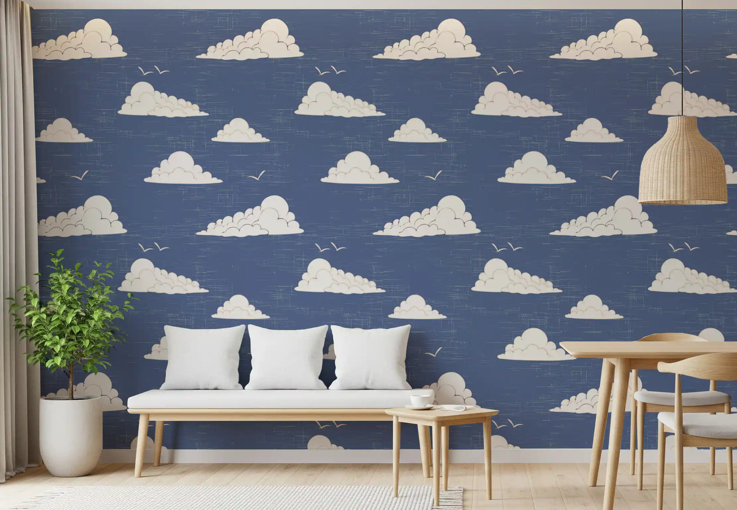 Støvet Blå Mid Century Sky med Skyer Tapet⁠