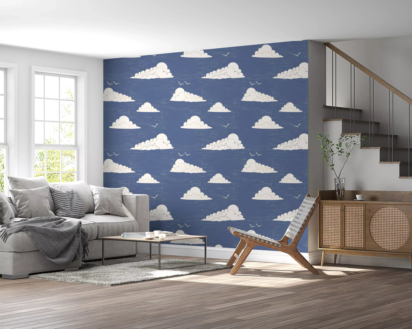 Støvet Blå Mid Century Sky med Skyer Tapet⁠