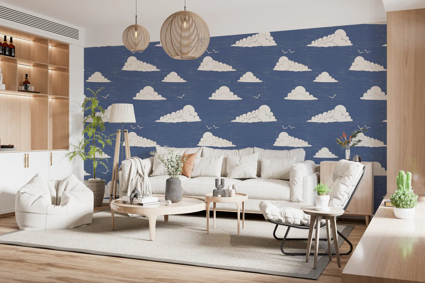 Støvet Blå Mid Century Sky med Skyer Tapet⁠