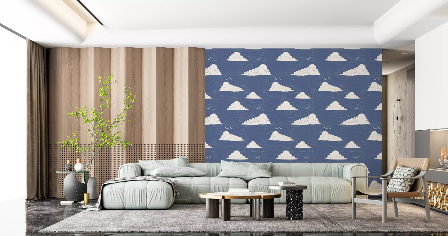 Støvet Blå Mid Century Sky med Skyer Tapet⁠