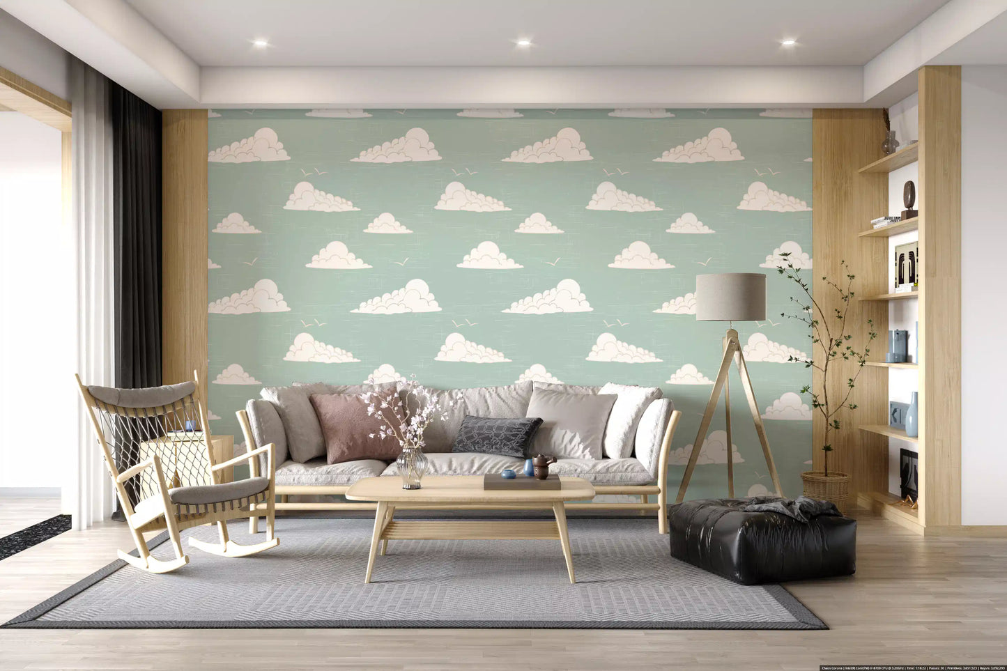 Light Sage Mid-Century Wolkenhimmel Tapete