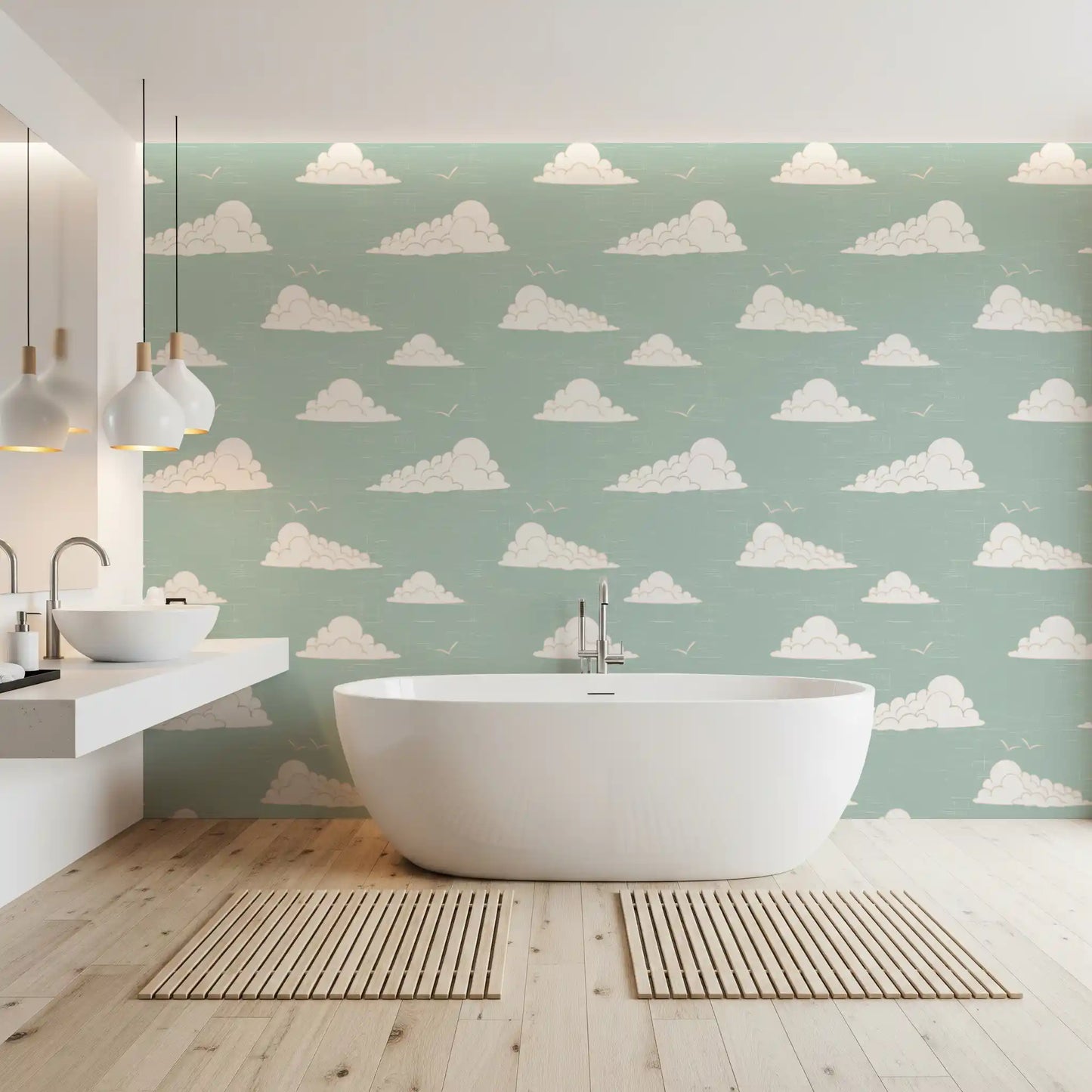 Light Sage Mid-Century Wolkenhimmel Tapete