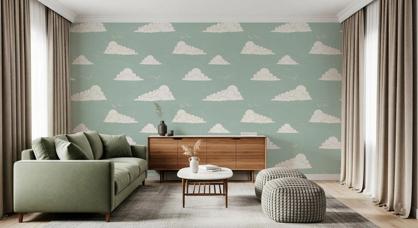 Light Sage Mid-Century Wolkenhimmel Tapete