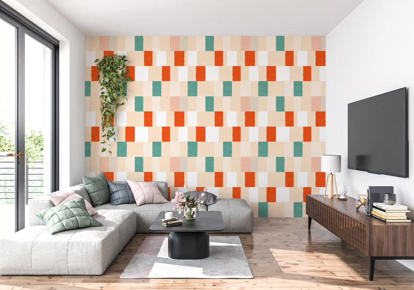 Sonnenverwischte moderne geometrische Tapete in Terrakotta-Salbei