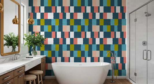 Sunwashed Modern Geometric Coastal wallpaper styling a fresh airy bathroom corner