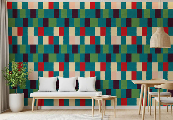Dining room styled around the Sunwashed Modern Geometric Jewel Tone wallpaper.